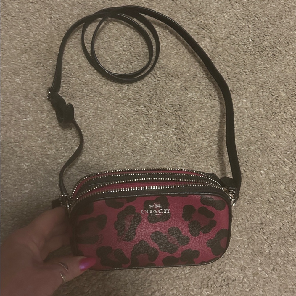 Coach Pink Leopard Print Crossbody with Black Strap